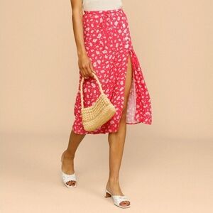 Rouje Red Floral Midi Wrap Skirt, Size 36.